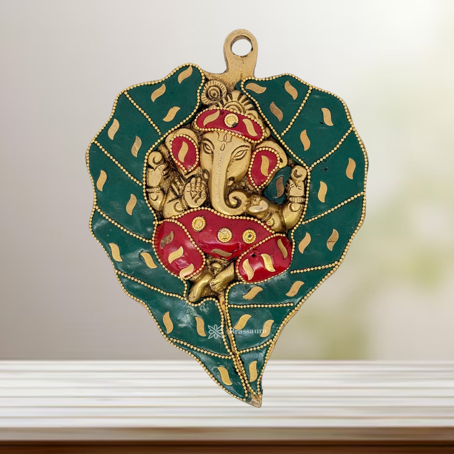 Brassaura™ Brass Gem Stone Pipal Ganesha Wall Hanging Statue For Home-Decor Weight 1 Kgs