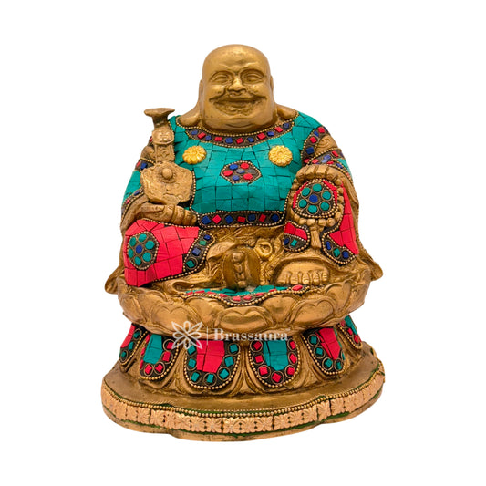 Brassaura™ Brass Gem Stone Work Sitting Laughing Buddha Religious Home Decor