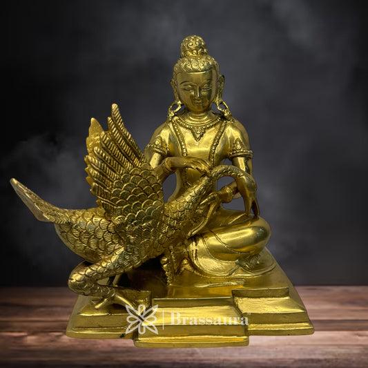 Brassaura® Brass Goddess Saraswati with Peacock Idol | Pure Superfine Brass Handcrafted Murti | Brass Statue for Home Temple, Pooja Room | Height 9 Inches | Weight 4.2 Kgs