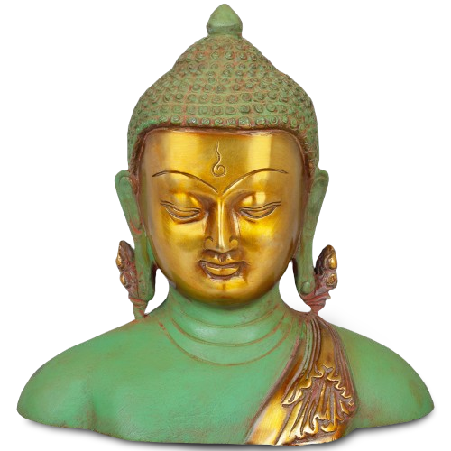 Brassaura® Buddha Bust Idol with Green & Gold Finish | Pure Superfine Brass Handcrafted Murti | Brass Statue for Home Temple, Pooja Room | Height 4.7 Inches | Weight 1.5 Kgs