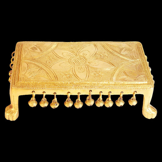 Brassaura® Brass Pooja Chowki With Hanging Bells – Height 3.1 Inches & Weight 3.2 Kgs | Artistic Pooja Room Décor