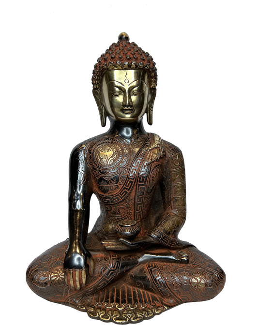 Brassaura® Buddha Sitting Meditation Idol with Black & Antique Finish | Pure Superfine Brass Handcrafted Murti | Brass Statue for Home Temple, Pooja Room | Height 12 Inches | Weight 6 Kgs