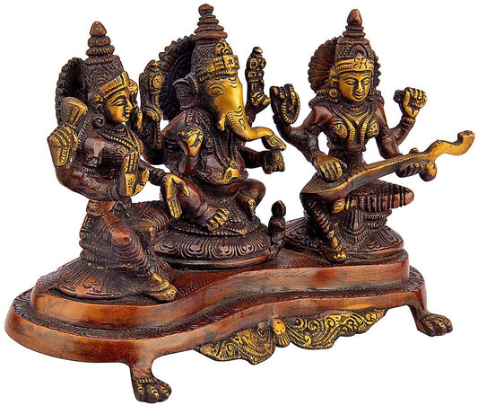 Brassaura™ Brass Laxmi Ganesha Saraswati Idol – Height 8 Inches & Weight 3.1 Kgs | Temple & Home Statue