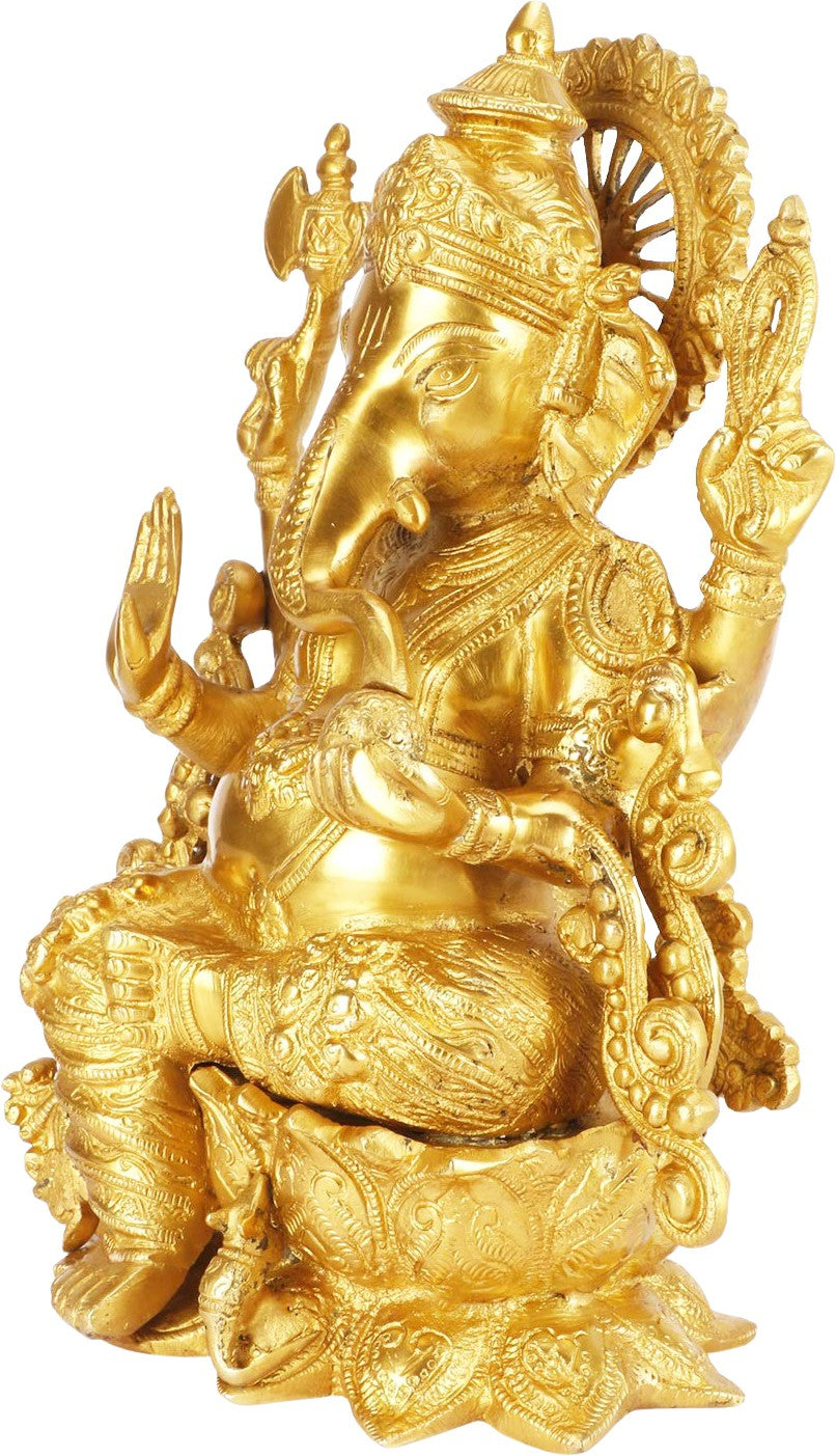 Brass Lotus Ganesha Murti for Pooja Room Ganpati Idol for Home Entrace Decor Good Luck Vastu Decoration Weight 6.3 Kg Height 35 cm