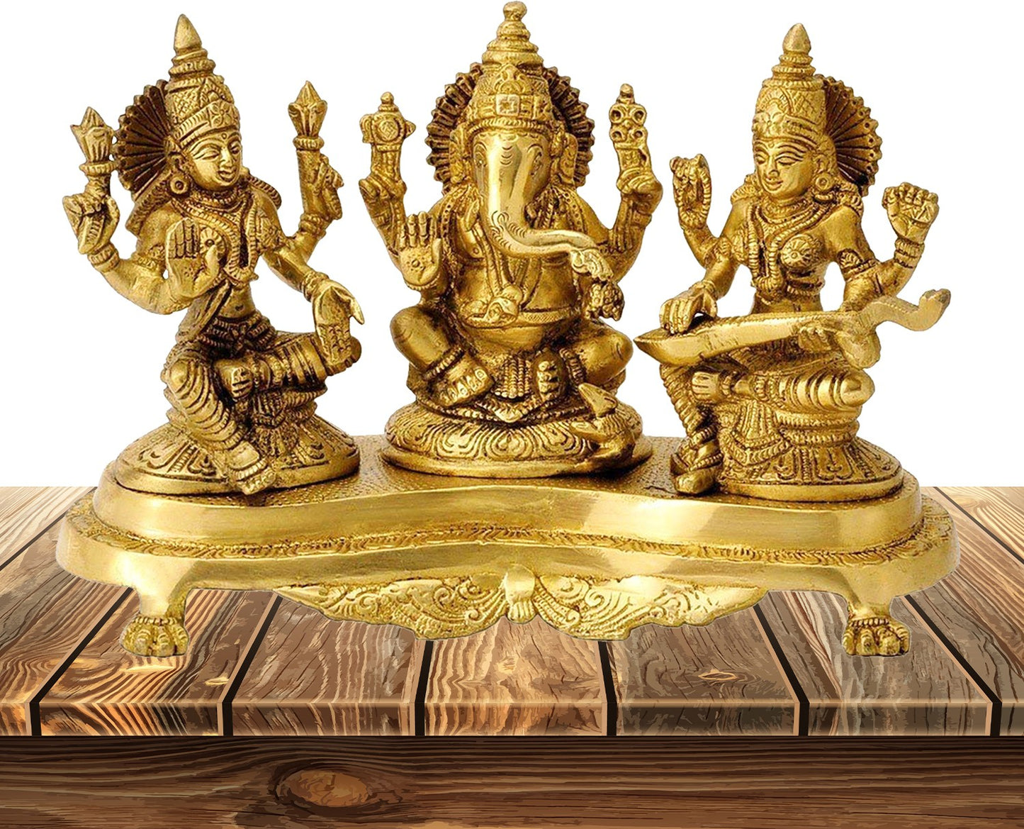 Brassaura™ Artistic Brass Laxmi Ganesha Saraswati Idol – Height 8 Inches & Weight 3.1 Kgs | Spiritual Home Décor