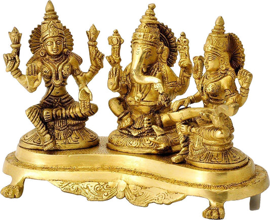 Brassaura™ Artistic Brass Laxmi Ganesha Saraswati Idol – Height 8 Inches & Weight 3.1 Kgs | Spiritual Home Décor