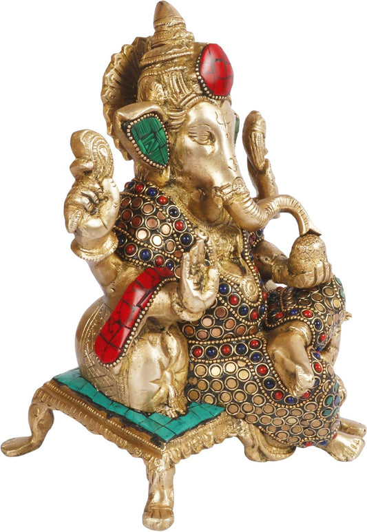 Brassaura™ Brass Gem Stone Work Ganesha Murti | Height 11.8 Inches & Weight 3 Kgs