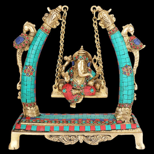 Brassaura™ Gemstone-Embellished Brass Ganesha Jhula for Home & Temple Décor | Height 11.8 Inches & Weight 3 Kgs