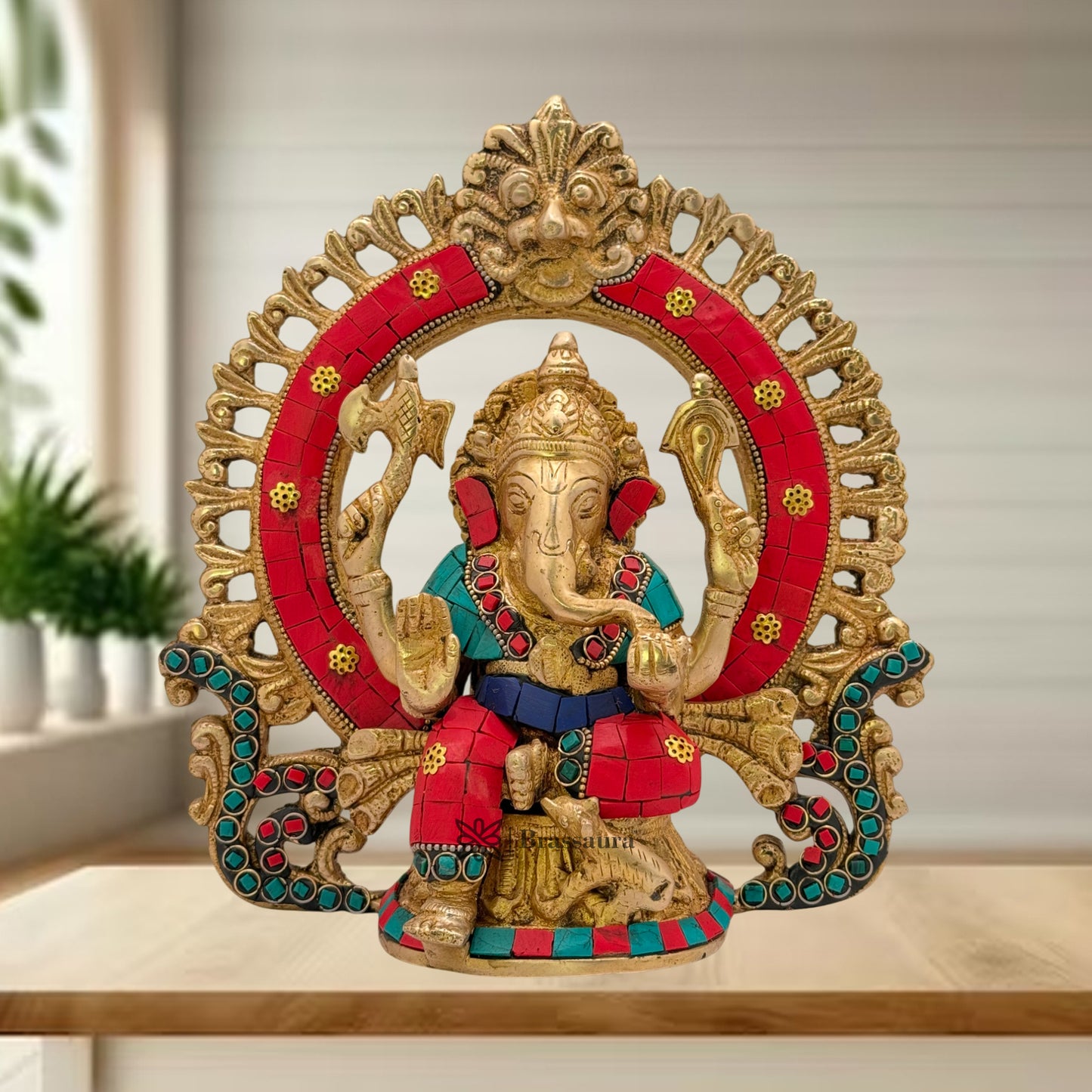 Brass Gem Stone Work Ring Ganesha Statue For Home Decor Weight 2.6 Kg And Height 27 Cm