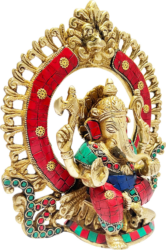 Brassaura™ Gemstone-Embellished Brass Ring Ganesha for Home & Temple Décor | Height 10.6 Inches & Weight 2.6 Kgs
