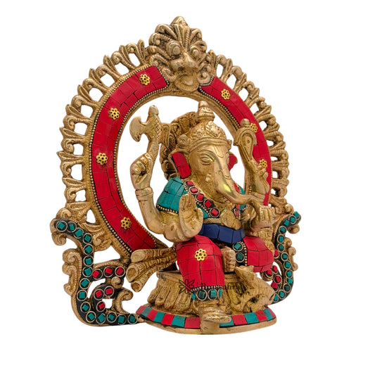 Brassaura Gemstone-Embellished Brass Ring Ganesha for Home & Temple Décor | Height 10.6 Inches