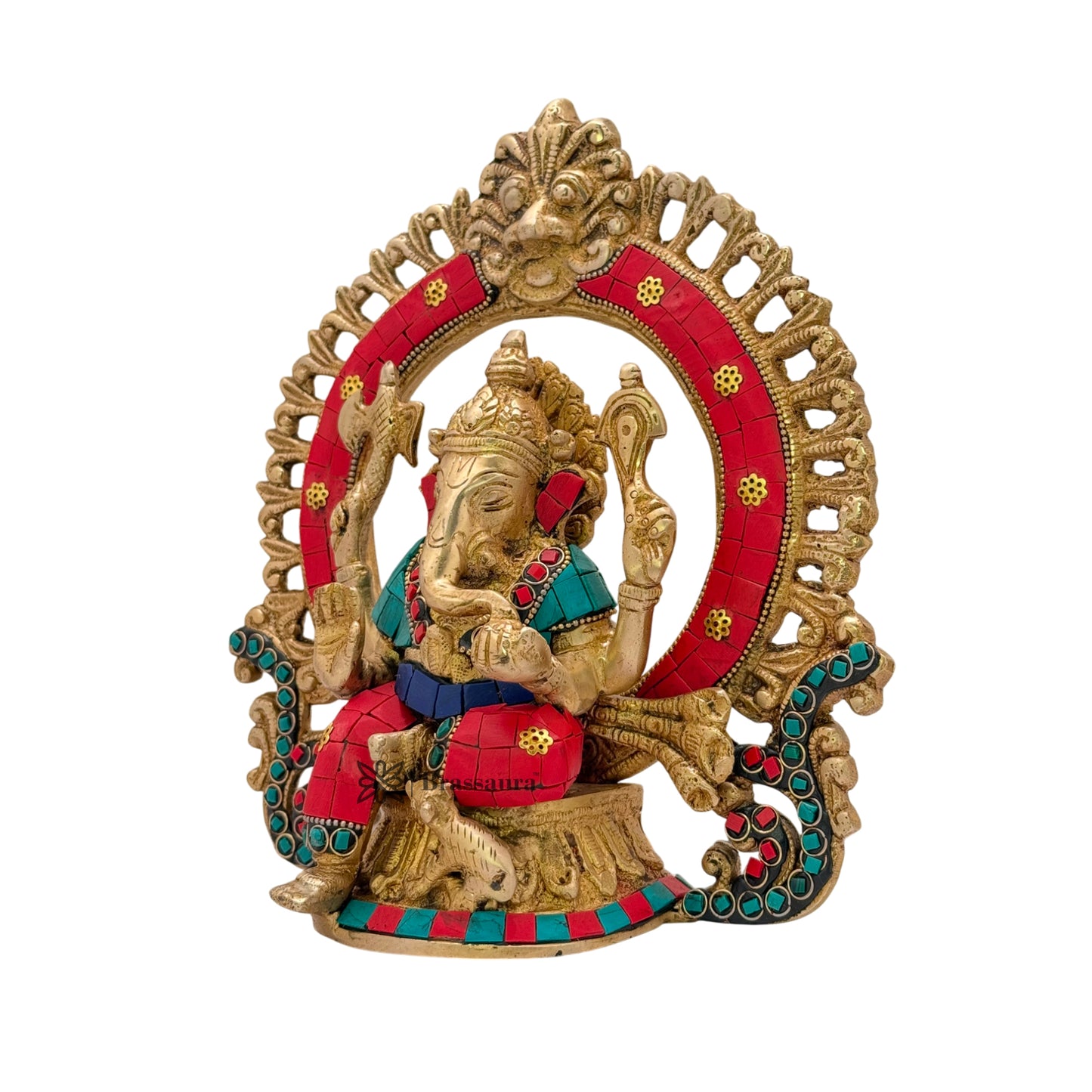 Brass Gem Stone Work Ring Ganesha Statue For Home Decor Weight 2.6 Kg And Height 27 Cm