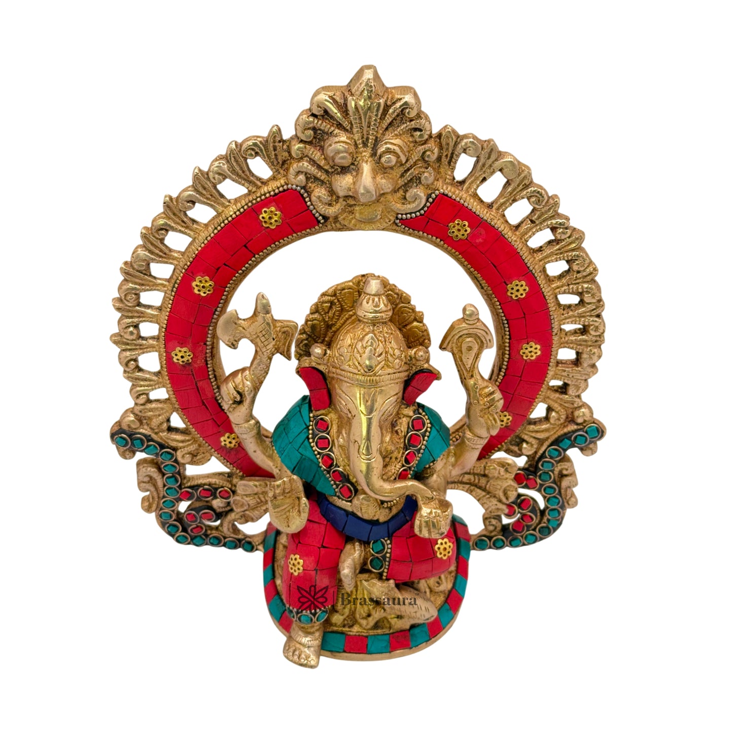 Brass Gem Stone Work Ring Ganesha Statue For Home Decor Weight 2.6 Kg And Height 27 Cm