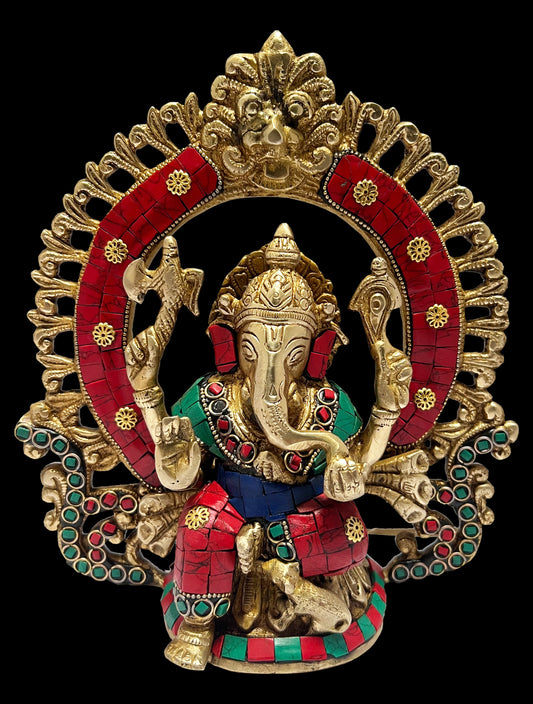 Brassaura™ Gemstone-Embellished Brass Ring Ganesha for Home & Temple Décor | Height 10.6 Inches & Weight 2.6 Kgs