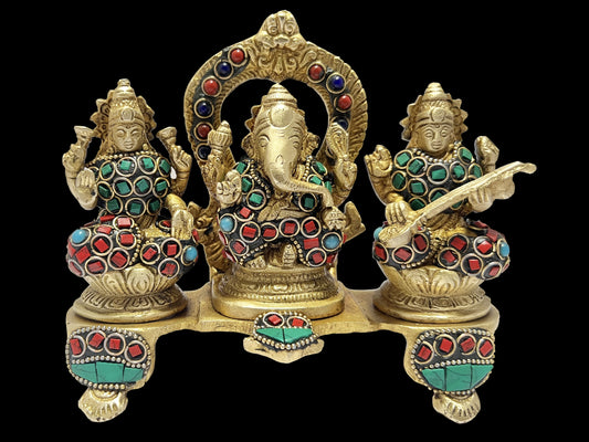 Brassaura™ Artistic Brass Gemstone Laxmi Ganesha Saraswati Statue – Height 7.6 Inches & Weight 1.35 Kgs | Puja Room Idol
