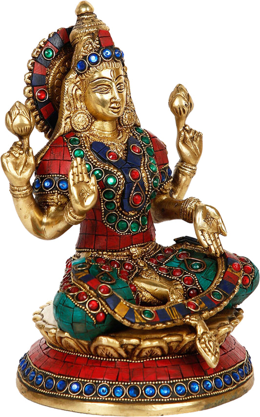 Brassaura™ Brass Gem Stone Work Goddess Laxmi Murti – Height 9.6 Inches & Weight 3.44 Kgs | Home & Temple Idol
