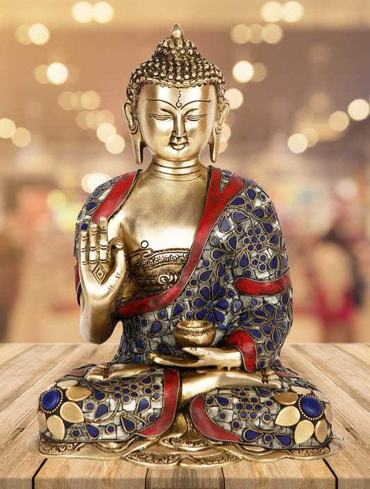Brassaura® Brass Buddha Vitarka Mudra Idol with Multicolor Gem Stone Work – Pure Superfine Brass Handcrafted Murti, Brass Statue for Home Temple, Pooja Room – 12 Inch, 5.2 Kg