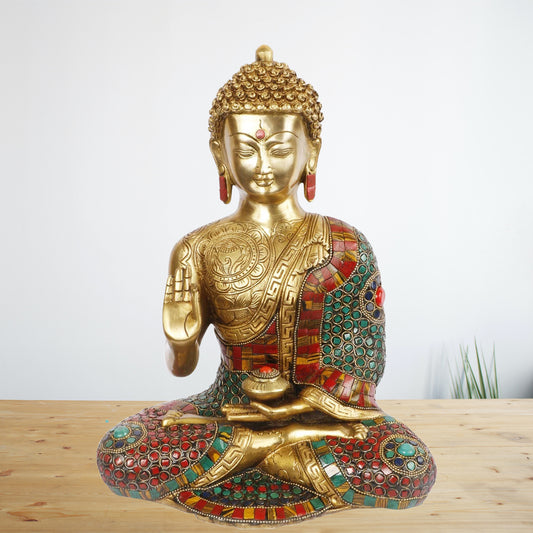 Brassaura® Buddha Sitting Meditation Idol with Multi-Color Stone Finish | Pure Superfine Brass Handcrafted Murti | Brass Statue for Home Temple, Pooja Room | Height 12 Inches | Weight 6 Kgs