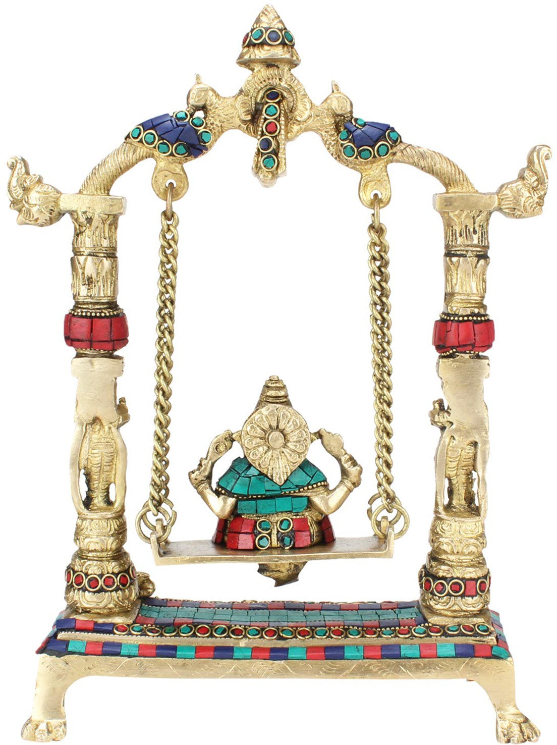 Brassaura™ Gemstone-Embellished Brass Ganesha Jhula for Home & Temple Décor | Height 15.7 Inches & Weight 2.5 Kgs