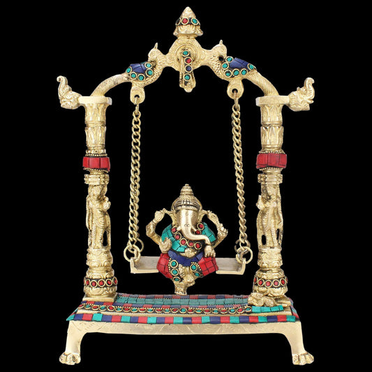 Brassaura™ Gemstone-Embellished Brass Ganesha Jhula for Home & Temple Décor | Height 15.7 Inches & Weight 2.5 Kgs