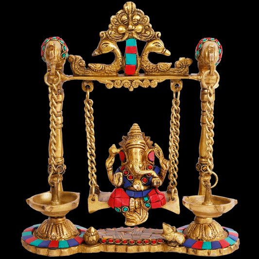 Brassaura™ Gemstone-Embellished Brass Ganesha Jhula for Home & Temple Décor | Height 11.8 Inches & Weight 2.3 Kgs