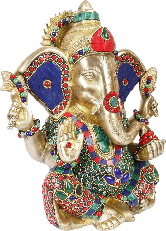 Brassaura™ Brass Gem Stone Work Ganesha Statue | Handcrafted Brass Idol | Height 35 cm & Weight 5.6 Kgs