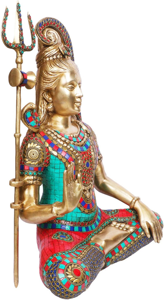 Brassaura™ Brass Shiva Idol Adorned with Gem Stones –– Height 20 Inches & Weight 13.7 Kgs | Traditional Décor