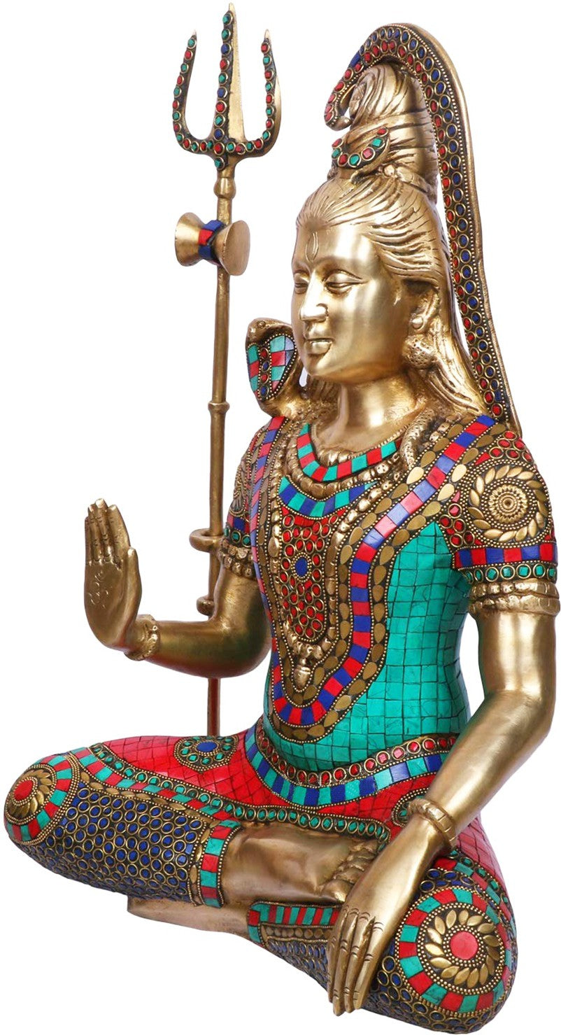 Brassaura™ Brass Shiva Idol Adorned with Gem Stones –– Height 20 Inches & Weight 13.7 Kgs | Traditional Décor
