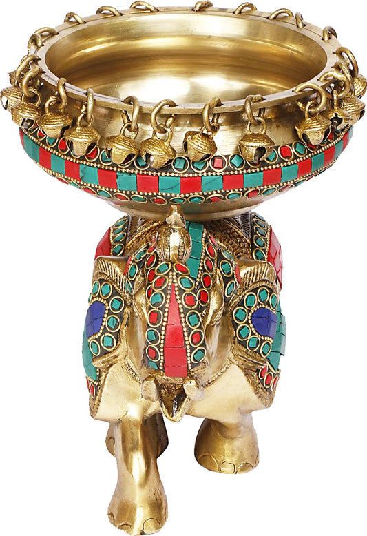 Brass Urli with Elephant Gem Stone Work Statue Height 19 cm Weight 3.2 Kg