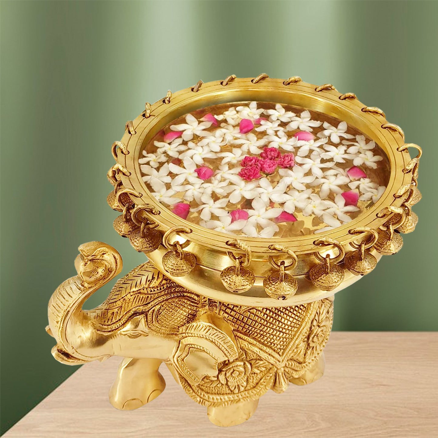 Brass Urli with Elephant Statue for Home Decor Weight 3.1 Kg Height 24 cm