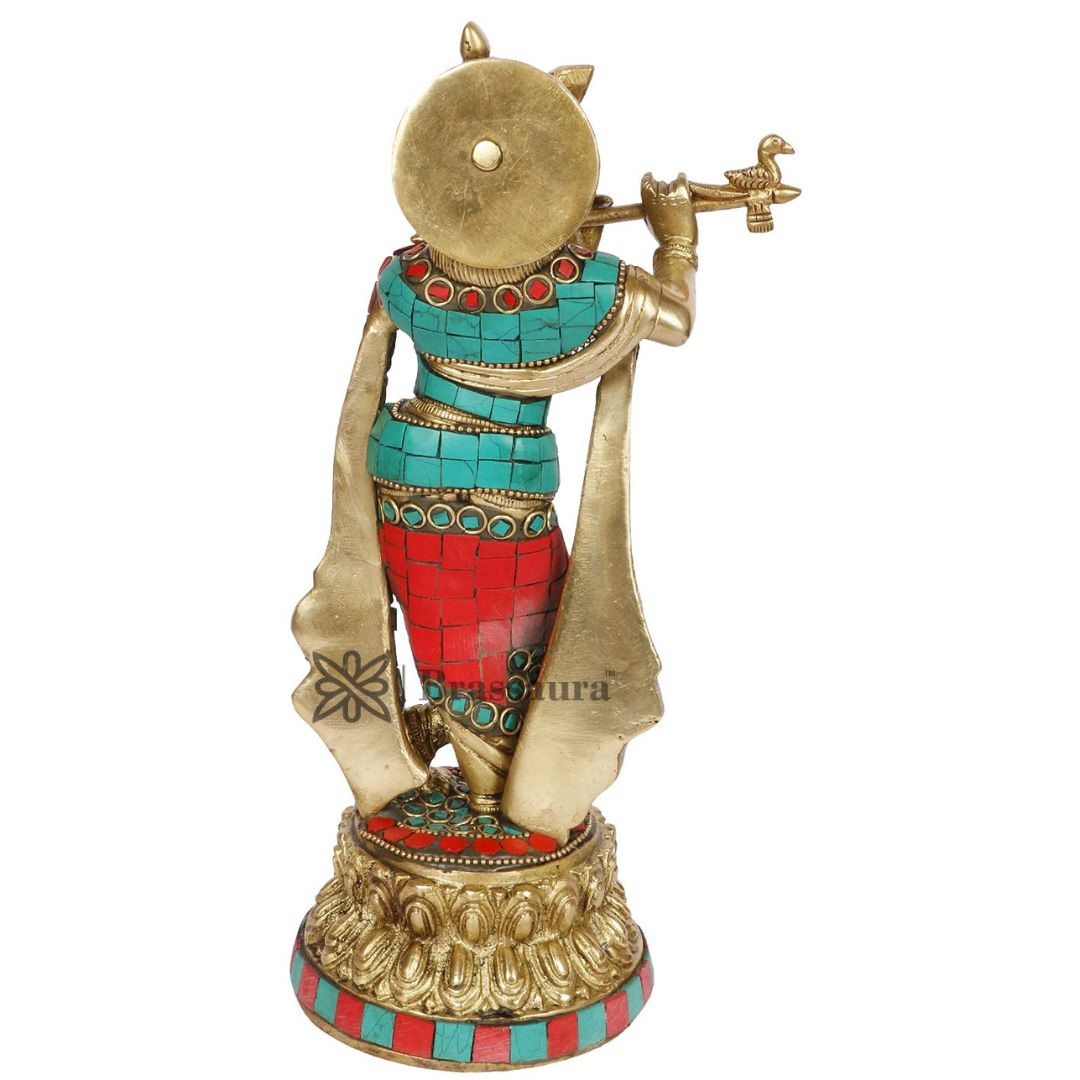 Brass Lord Krishna Statue Playing Flute On Round Lotus Base Height 13 cm Weight 2.2 Kg