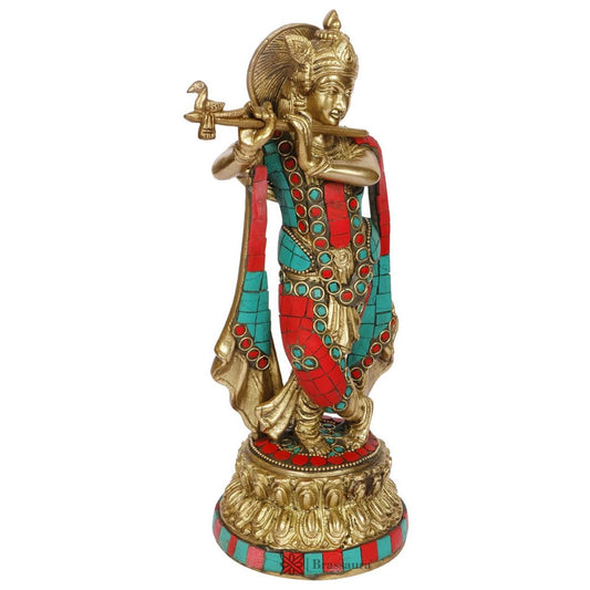 Brass Lord Krishna Statue Playing Flute On Round Lotus Base Height 13 cm Weight 2.2 Kg