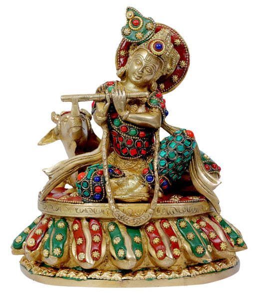 Brass Gem Stone Work Krishna with Cow for Home and Decor Height 26 cm Weight 3.3 Kg