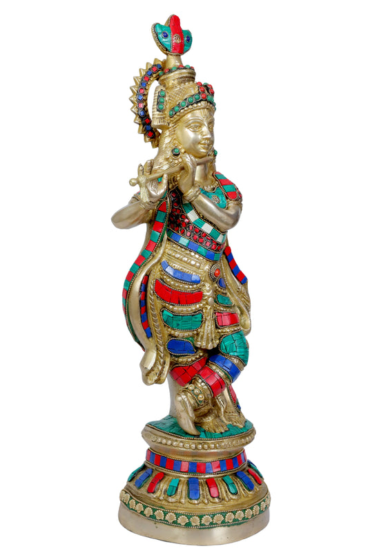 Brassaura® Lord Krishna Playing Flute, Graceful Standing Pose, Multicolor Gemstone Work Gold Finish | Pure Superfine Brass Handcrafted Murti | Brass Statue for Home Temple, Pooja Room | Height 22.05 Inches | Weight 6.28 Kgs