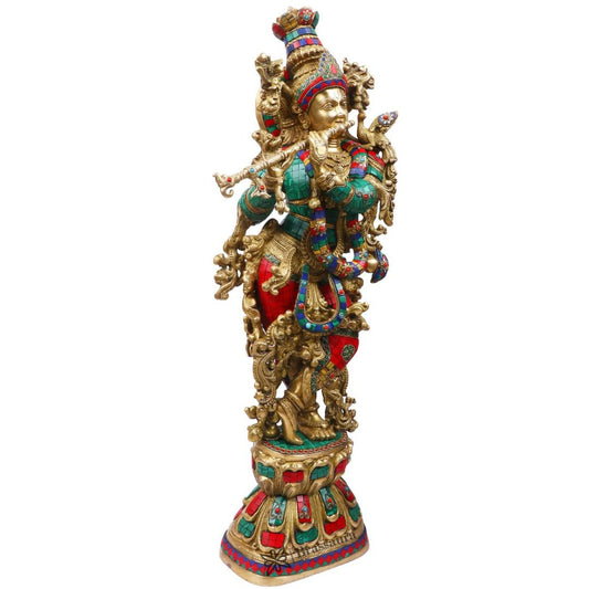 Brassaura® Lord Krishna Playing Flute, Elaborately Embellished Standing Pose, Multicolor Gemstone Work Gold Finish | Pure Superfine Brass Handcrafted Murti | Brass Statue for Home Temple, Pooja Room | Height 29.92 Inches | Weight 16.5 Kgs