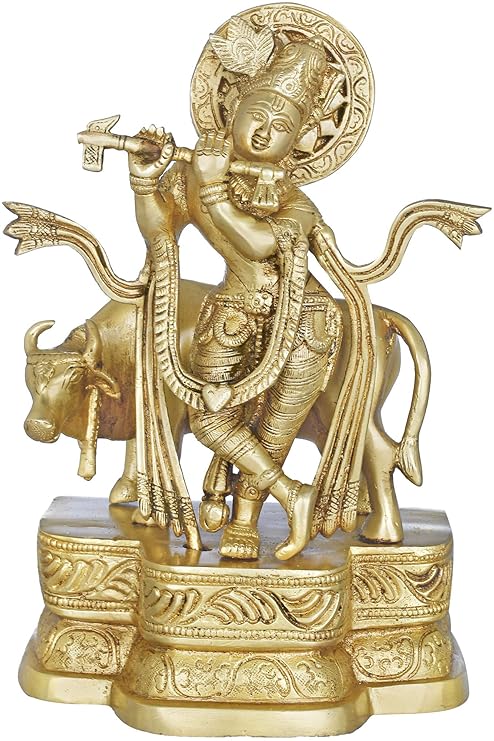 Brassaura® Lord Krishna Playing Flute with Cow, Graceful Standing Pose, Classic Gold Finish | Pure Superfine Brass Handcrafted Murti | Brass Statue for Home Temple, Pooja Room | Height 10.63 Inches | Weight 2.8 Kgs