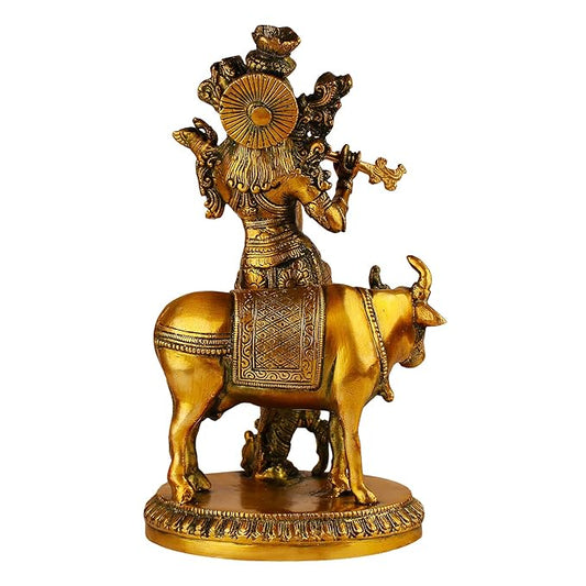 Brass Krishna with Cow Murti for Home and Decor Height 28 cm Weight 3 Kg