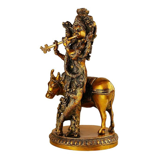 Brassaura® Lord Krishna Playing Flute with Cow, Traditional Standing Pose, Antique Gold Finish | Pure Superfine Brass Handcrafted Murti | Brass Statue for Home Temple, Pooja Room | Height 11.02 Inches | Weight 3 Kgs