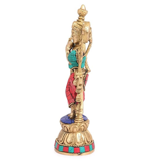 Brassaura® Lord Krishna Playing Flute, Graceful Standing Pose with Multicolor Stone Work, Gold Finish | Pure Superfine Brass Handcrafted Murti | Brass Statue for Home Temple, Pooja Room | Height 7.87 Inches | Weight 500 Grams