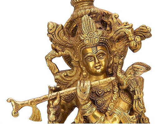 Brassaura® Lord Krishna Playing Flute, Ornate Traditional Standing Pose, Antique Gold Finish | Pure Superfine Brass Handcrafted Murti | Brass Statue for Home Temple, Pooja Room | Height 16.14 Inches | Weight 4.5 Kgs