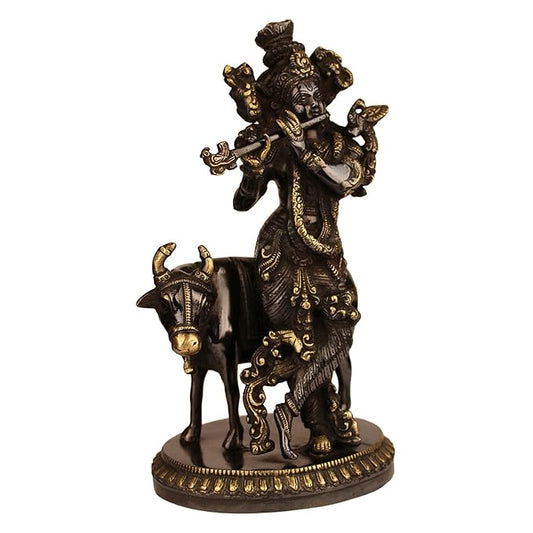 Brassaura® Lord Krishna Playing Flute with Cow, Graceful Standing Pose, Antique Dark Brass Finish | Pure Superfine Brass Handcrafted Murti | Brass Statue for Home Temple, Pooja Room | Height 11.81 Inches | Weight 3 Kgs