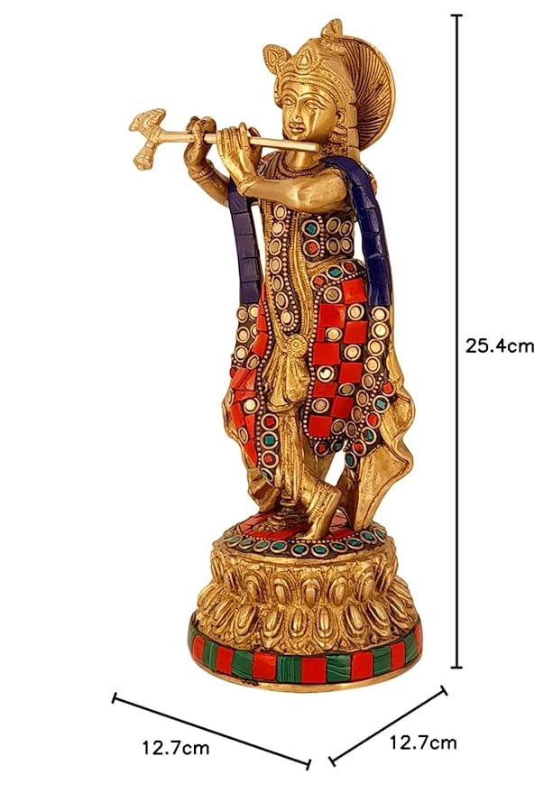 Brass Gem Stone Work Krishna Bhagwan Idol Murli Kishan Murti Height 28 cm Weight 2.2 Kg