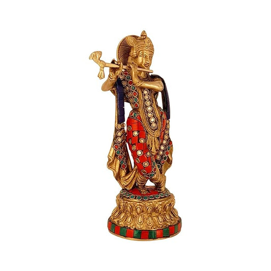 Brass Gem Stone Work Krishna Bhagwan Idol Murli Kishan Murti Height 28 cm Weight 2.2 Kg
