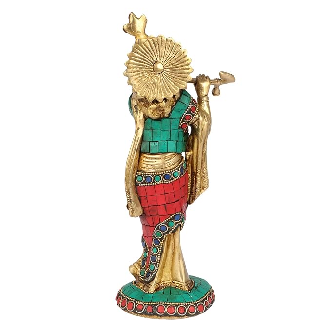 Brass Krishna Gem Stone Work Idol 10 Inches Height, 1.7 Kg