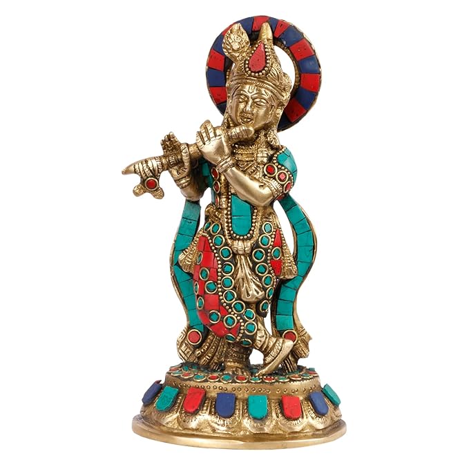 Brass Gem Stone Work Krishna Murti for Home and Decor Height 25 cm Weight 1.2 Kg