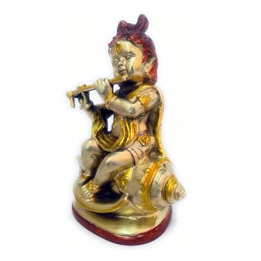 Brassaura® Bala Krishna Sitting Playing Flute Idol with Multi-Color Finish | Pure Superfine Brass Handcrafted Murti | Brass Statue for Home Temple, Pooja Room | Height 9 Inches | Weight 1.8 Kgs