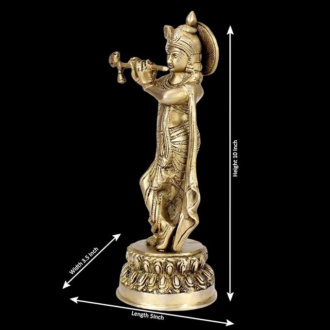 Brass Krishna Playing Flute Idol for Home and Decor 10 Inch Height 1.9 Kg Weight