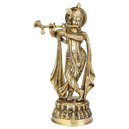 Brass Krishna Playing Flute Idol for Home and Decor 10 Inch Height 1.9 Kg Weight