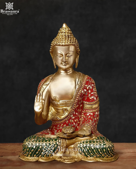 Brassaura® Buddha with Colourful Stone Inlay | Pure Superfine Brass Handcrafted Murti | Brass Statue for Home Temple, Pooja Room | Height 13 Inches | Weight 6.7 Kg