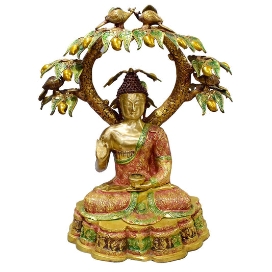 Brassaura® Brass Buddha Under Mango Tree with Birds Statue | Height 30 Inches
